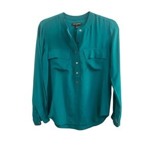 Banana Republic Silk Luxury Teal V Neck Pocket Blouse Top Womens XS
